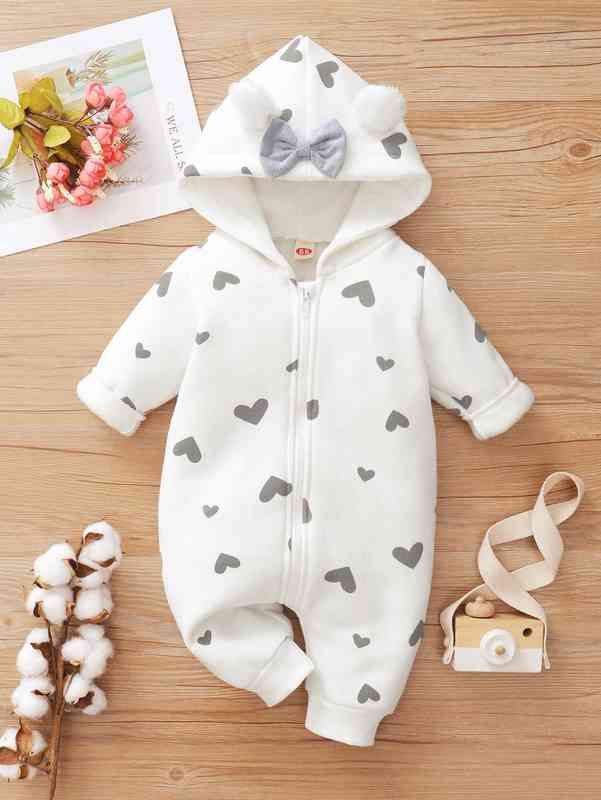 Baby Heart Print Bow Hooded Jumpsuit SHE
