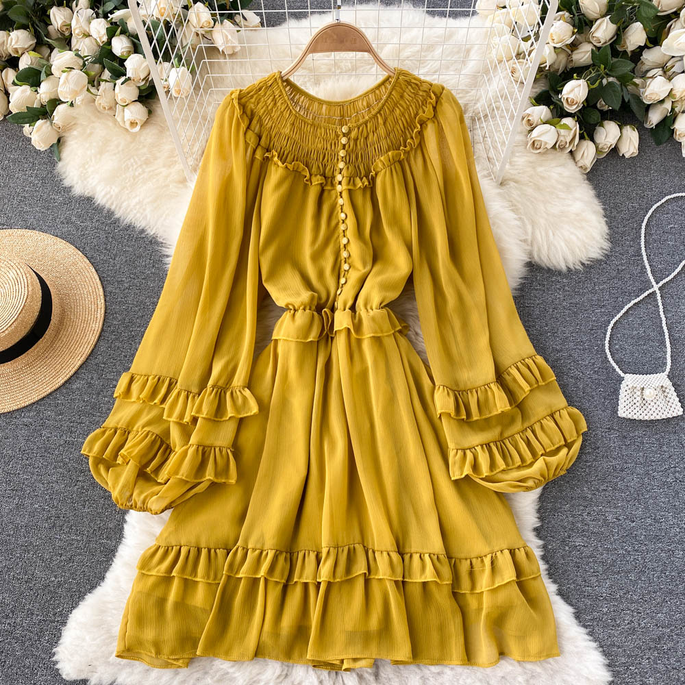 Spring Autumn Purple/Yellow/Blue Chiffon Dress Women Elegant O-Neck Draped Ruffle Vestidos Female Puff Long Sleeve A-Line Robe 2022