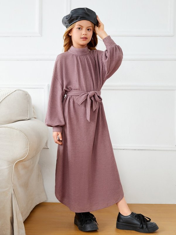 Girls Stand Collar Bishop Sleeve Belted Dress SHE