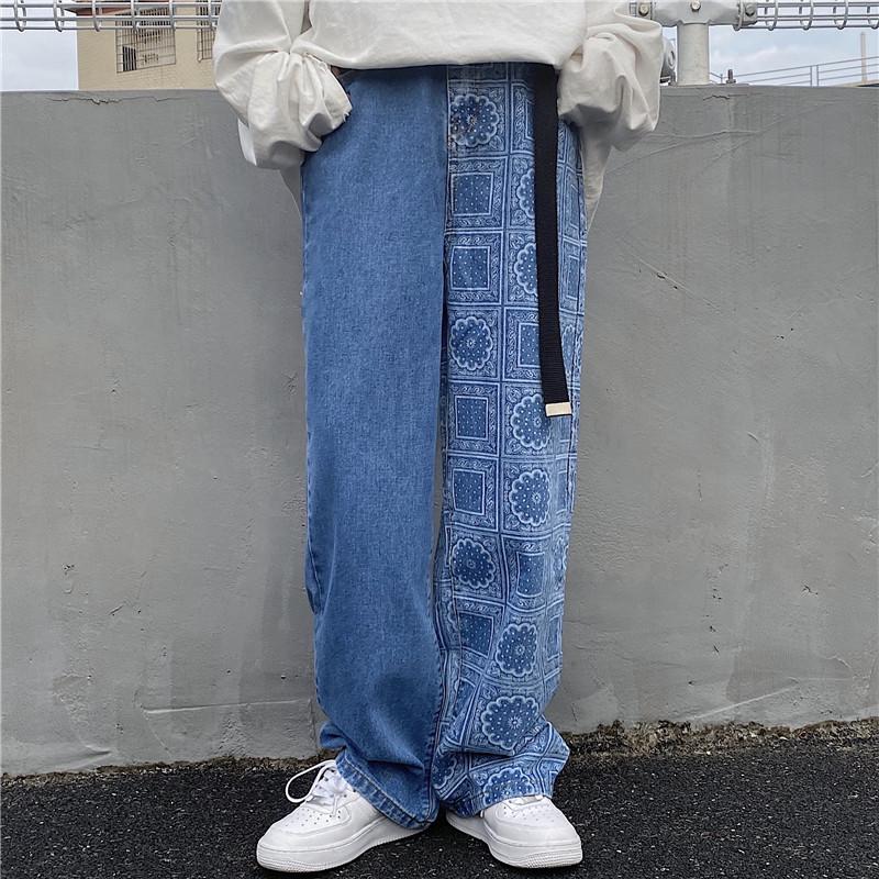 Loose Straight Paisley Bandana Patchwork Denim Pant Jeans Trouser Fashion Baggy Japanese Streetwear Hip Hop Washed Blue Black1