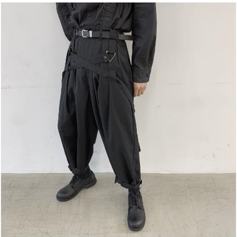 Men Japan Streetwear Punk Gothic Bandage Casual Harem Pant Male Vintage Hip Hop Wide Leg Trousers Stage Clothing Kimono Pant 201128