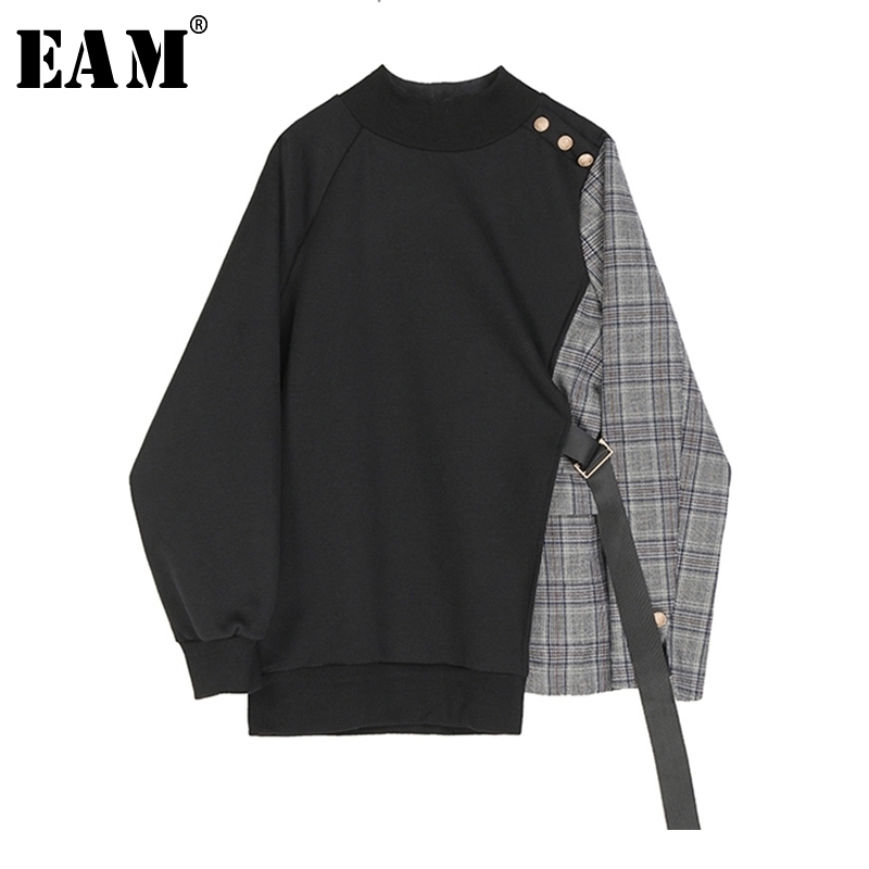 [EAM] Loose Fit Black Plaid Asymmetrical Sweatshirt New Round Neck Long Sleeve Women Big Size Fashion Tide Spring LJ201130