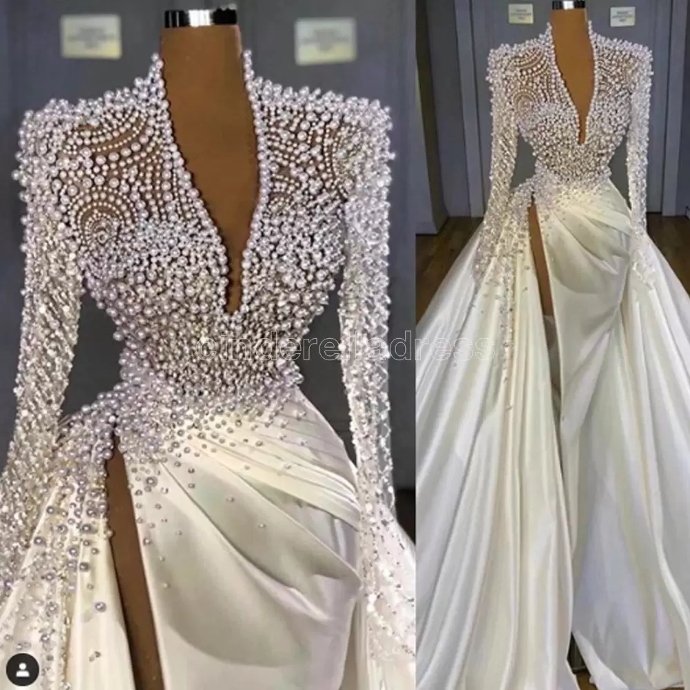 Beaded Wedding Dresses Bride Gowns With Overskirt Sweep Train Satin Crystals High Split Deep V Neck Long Sleeves Custom Made Plus Size Vestido De Novi