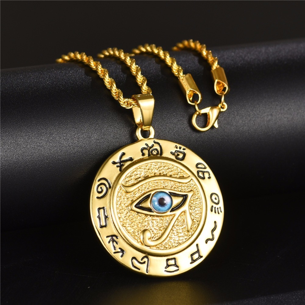 Egyptian The Eye of Horus Pendant Necklace For Women/Men Resale Gold Stainless Steel Evil Eyes Necklace Egypt Round Jewelry 201013