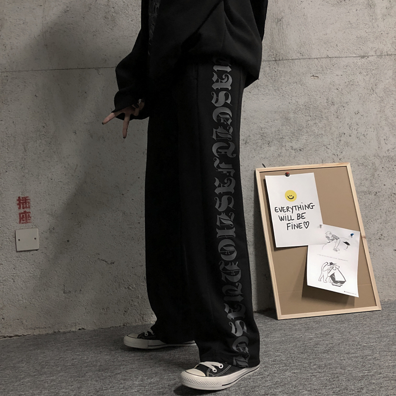 Black Casual Pants Women Men High Waist Loose Straight Wide Leg Pants Gothic Letter Print Korean Style Streetwear Trousers T200422