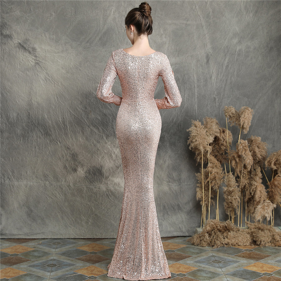 Sequins Women Party Dress DX2406 New Plus Size Mermaid Prom Dress Robe De Soiree Apricot Silver Long Sleeves Evening Dress 201114