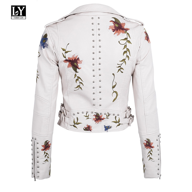 Ly Varey Lin Faux Soft Leather Jacket Women Embroidery Floral Faux Leather Jacket Pu Motorcycle Epaulet Zipper Punk Outerwear 201226