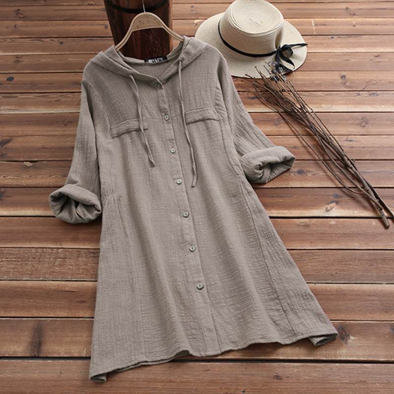 Plus Size Linen Shirt Womens Summer Autumn Blouse 2019 Long Sleeve Shirts Female Button Asymmetrical Blusas Hooded Tunic T200321