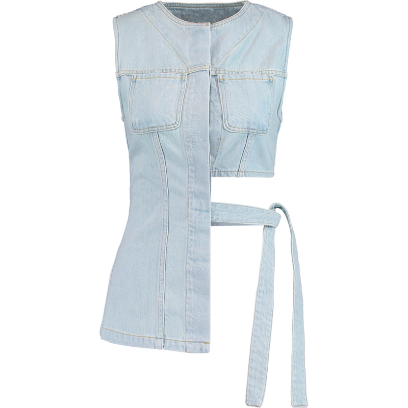 TWOTWINSTYLE Sexy Sleeveless Denim Vest Off Shoulder Lace Up Hollow Out Tops Big Size Irregular Jeans Vests Female Clothing Tide 201102