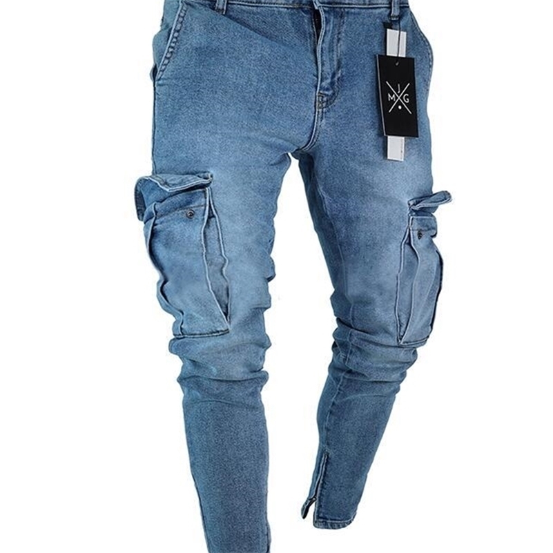 Mens Skinny Trend Knee Hole Zipper Pocket Denim Biker Hip Hop Distressed Slim Elastic Washed Jeans 201111