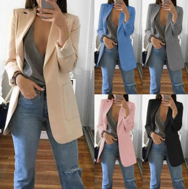Women's Casual Mid Coat Lapel Slim Cardigan Outdoor Work Suit Jackets Open Front Coat Cloak Jackets Female Blusas Chaqueta Mujer 201026