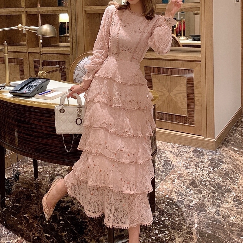 Pink Lace Embroidery Maxi Dress Female spring Winter Full sleeve high waist Ruffle elegant Long party dresses Woman 201028