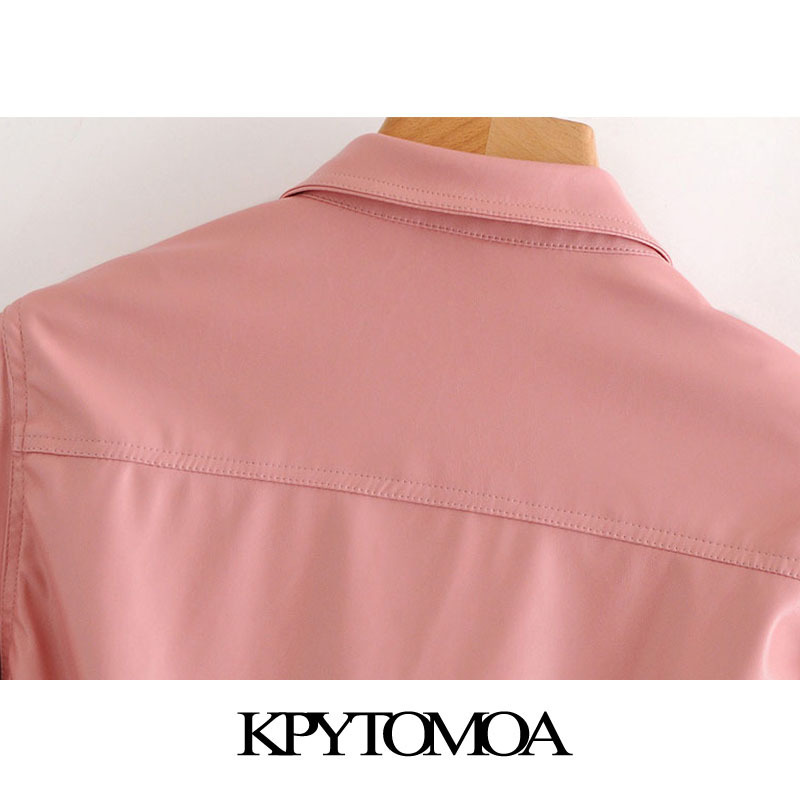 KPYTOMOA Women 2020 Fashion With Belt Faux Leather Jacket Coat Vintage Long Sleeve Pockets Female Outerwear Chic Tops LJ201127