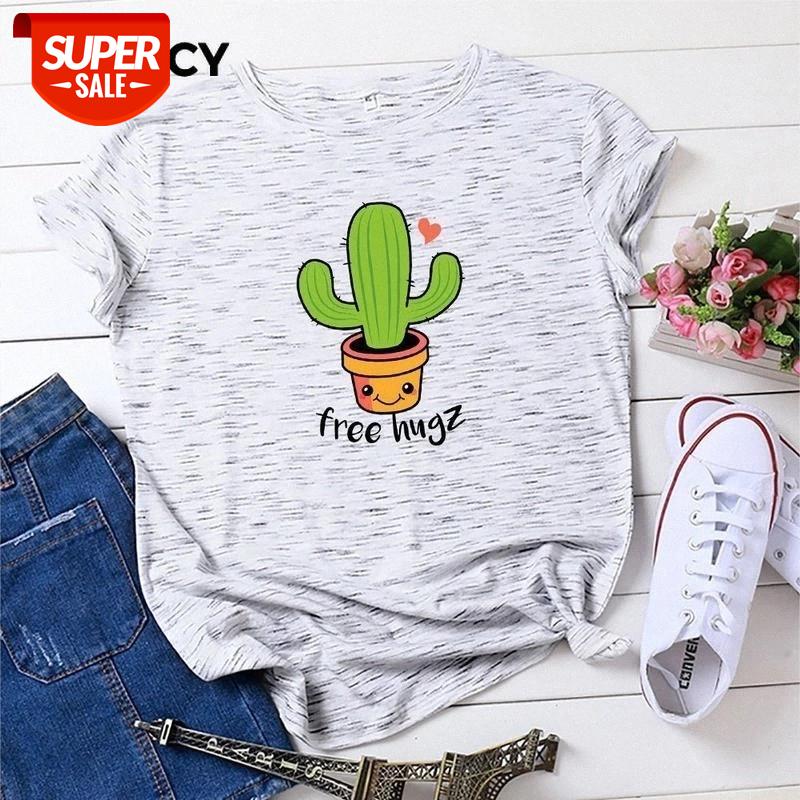 JFUNCY 2020 Summer T-shirt Plus Size Women T Shirts 100% Cotton Woman Tee Tops New Cactus Print Female Short Sleeve Pink Tshirt #DV99, White