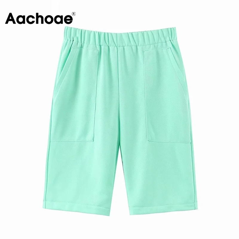 Aachoae Solid Color 2 Piece Set Women Casual Hooded Sweatshirt With Fashion Baggy Half Pants Two Piece Set Top And Pants 201119