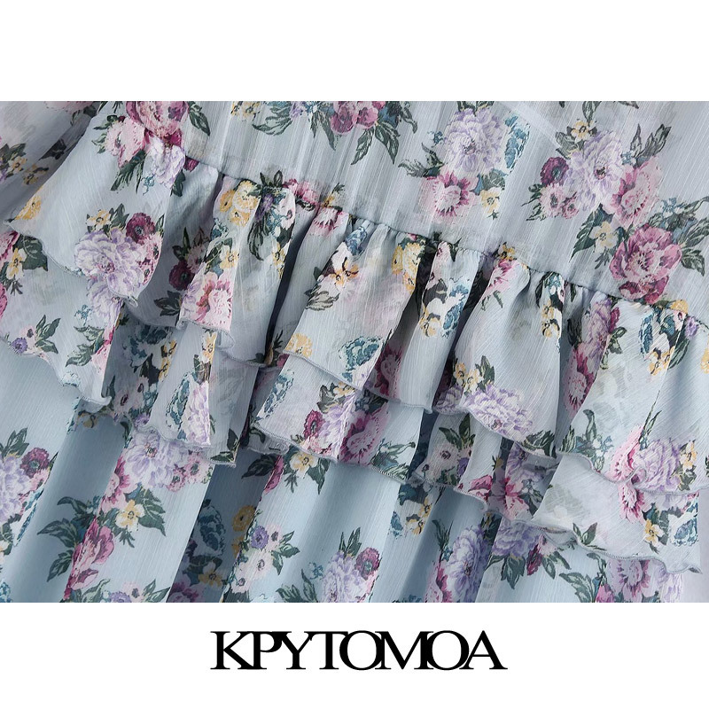 Women Chic Fashion Floral Print Ruffled Midi Dress Long Sleeve See Through Female Dresses Vestidos Mujer 210420