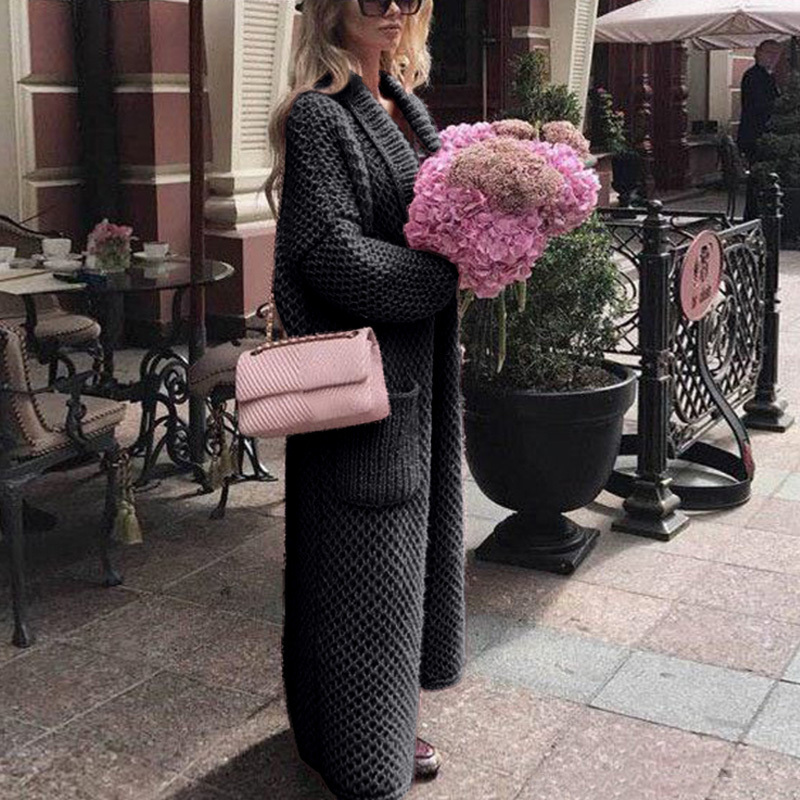 Fashion Autumn Winter Women's Fashion Casual Solid Lapel Full Pockets Loose Hooded Long Clothing Knitted Cardigan Clothes Coat 201031
