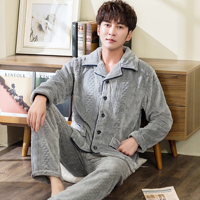 Winter Man's Coral Fleece Pajamas 2 Pieces Lounge Sleepwear for Men Pijama Bedgown Home Clothes PJ Grey Warm Thicken Pajama 201109