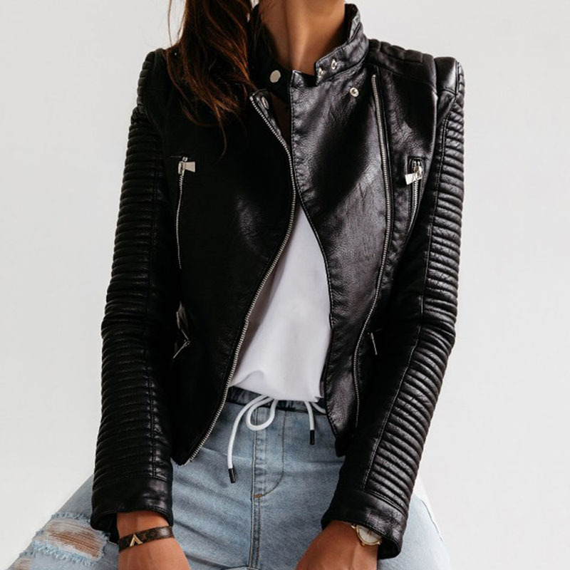 Faux Leather PU Jacket Leisure Bodyish Motorcycle Jacket Women Spring Autumn Black Fashion Outerwear Gothic Punk Leather Coats 201020