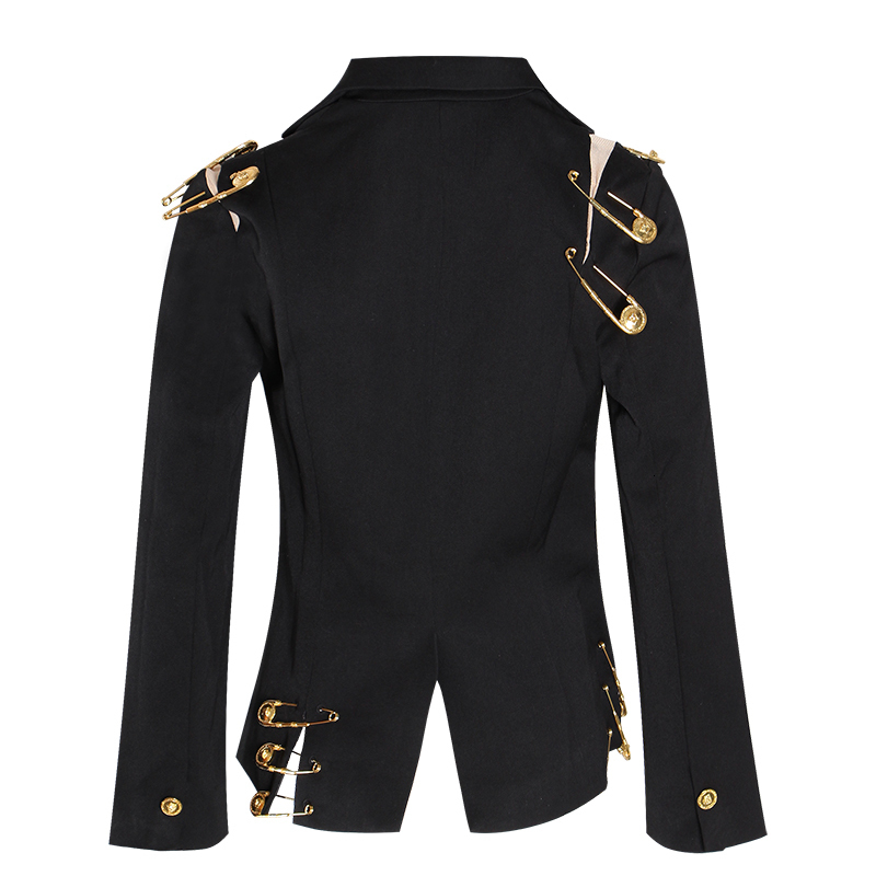 TWOTWINSTYLE Loose Fit Black Hollow Out Pin Spliced Jacket Blazer New Lapel Long Sleeve Women Coat Fashion Tide Autumn Winter LJ201214