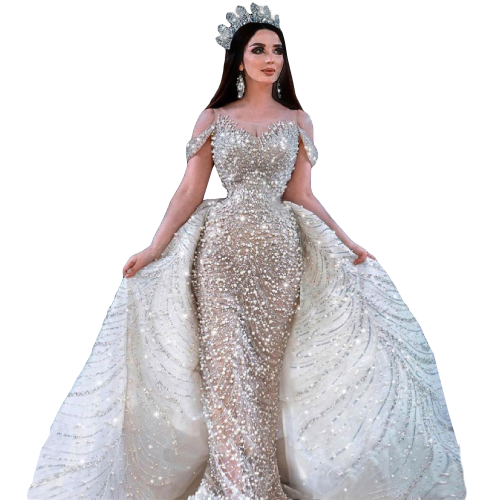 Saudi Arabia Pearls Beads Mermaid Wedding Dress Off Shoulder Short Sleeve Luxury Lace Sequins Appliques Bridal Gowns Crystal Bride robes de mariée