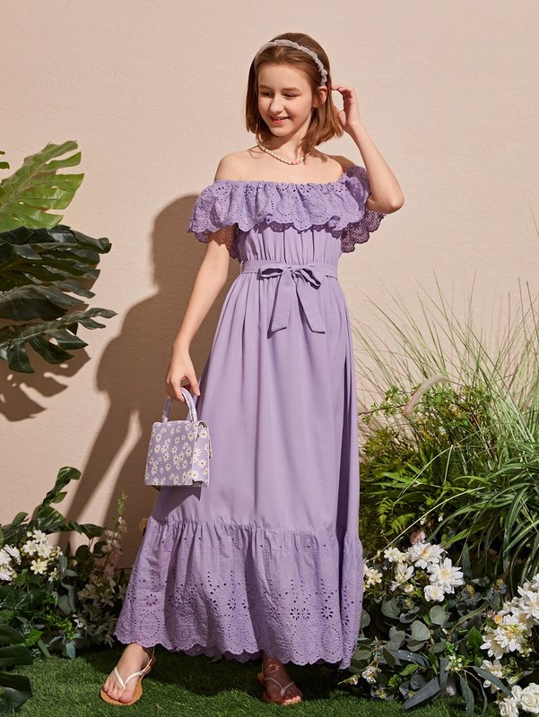 Teen Girls Schiffy Ruffle Detail Off Shoulder Belted Dress SHE
