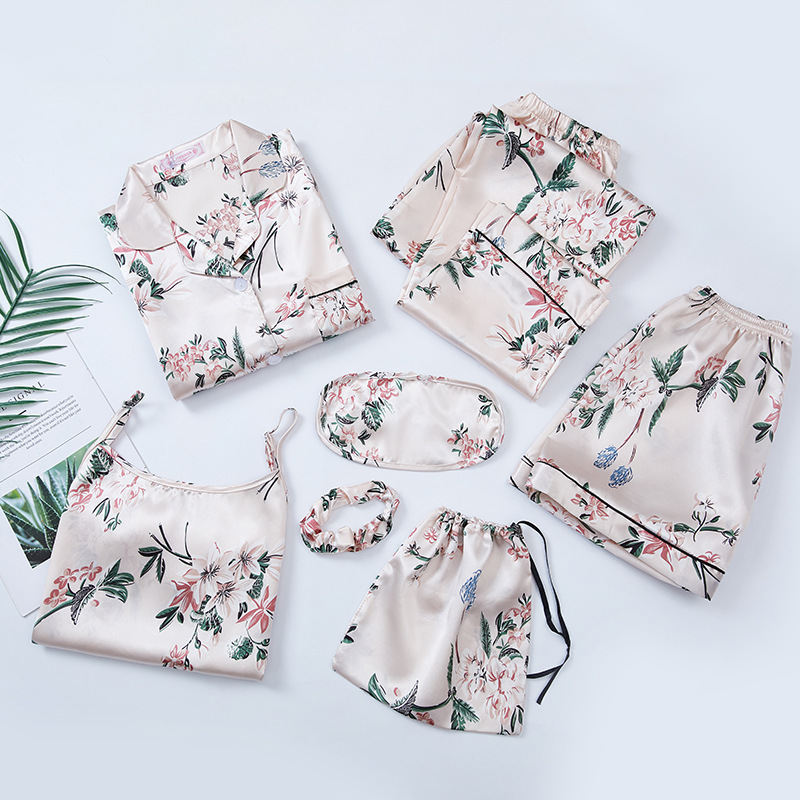 Pajamas Set Women Silk Summer Sexy Flower Pyjamas Sexy Female Long Sleeve Shirt Pants Handwork Stitch Lingerie Striped Sleepwear 201109