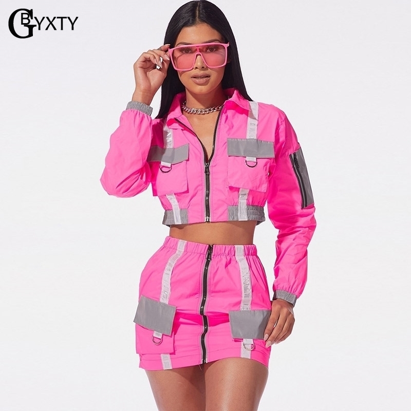 GBYXTY Neon Green Two Piece Skirt Set Fashion Reflective Set Women Autumn Long Sleeve Jacket and Skirt 2 Piece Set Outfits ZL390 T200325