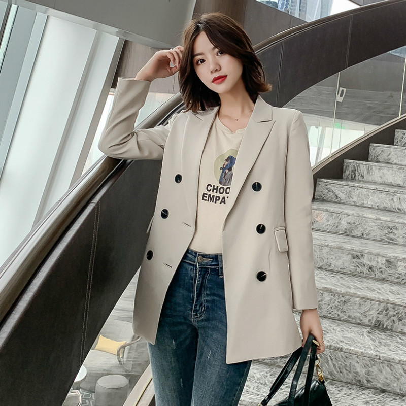 Women Blazer Jacket OL Spring Coat Casual Double Breasted Notched Collar Female Loose Jackets Fashion Suits Outwear 201114