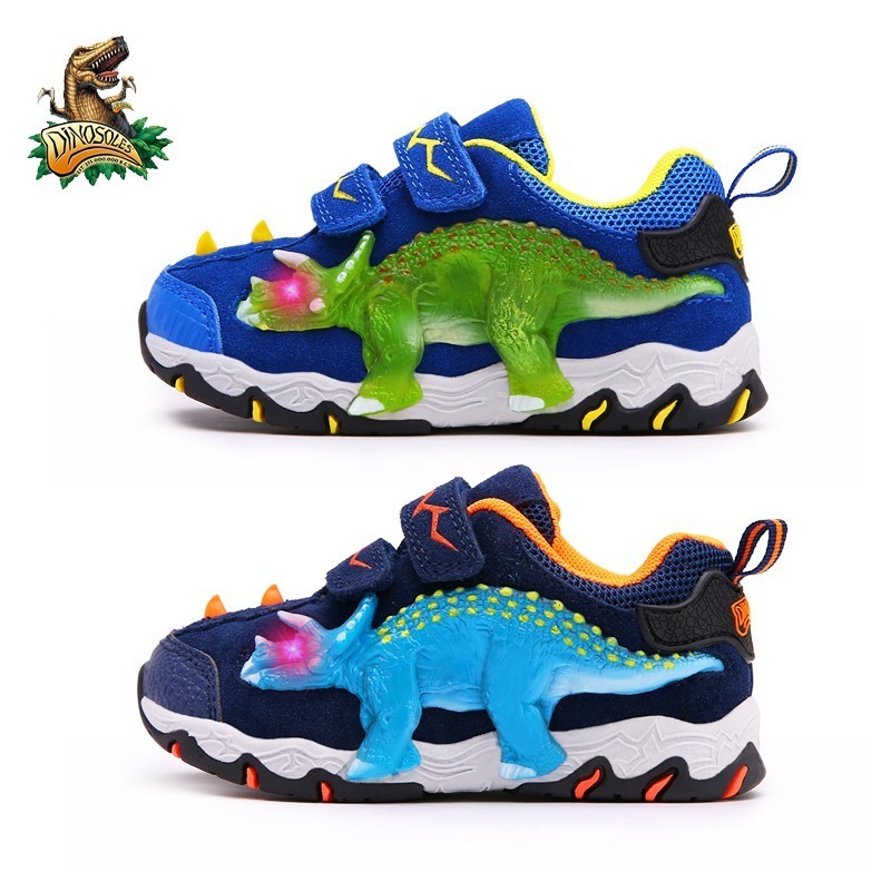 Dinoskulls 3-8 Boys Autumn Winter Shoes Dinosaur LED Glowing Sneakers Children Sports 3D T-Rex Kids Genuine Leather Shoes 201130