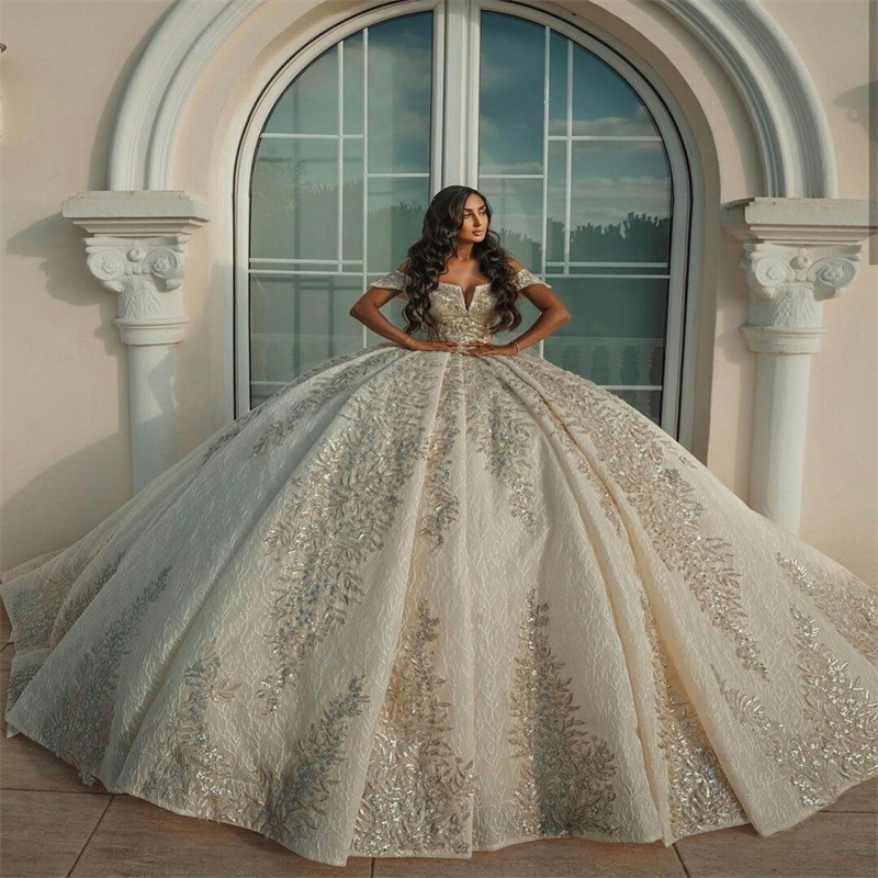 Dubai Off Shoulder Ball Gown Wedding Dress with Beads Lace Applique Plus Size Custom Made Bridal Gowns