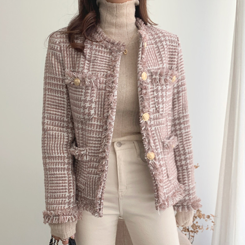 OCEANLOVE Plaid Elegant Chaqueta Mujer Korean Autumn Office Lady Fashion Winter Jackets Women Tassel Vintage Tweed Coat 18545 201029