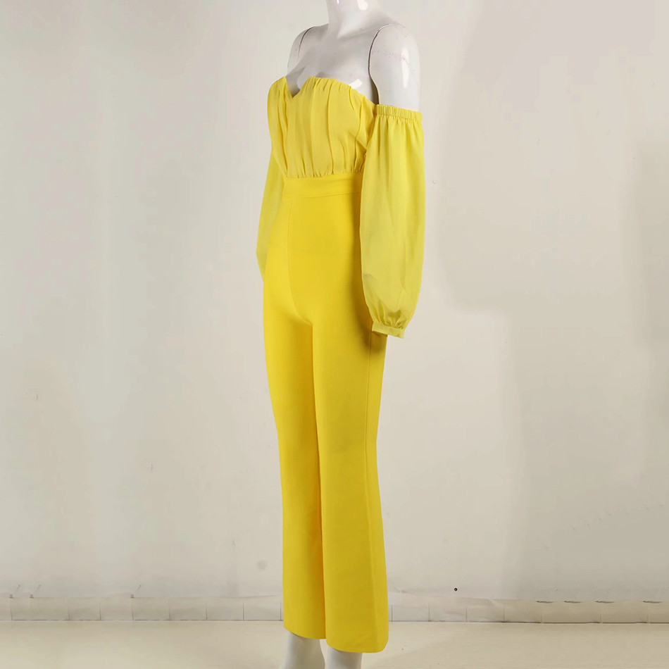 Ailigou New Women Party Club Yellow Sexy Off Shoulder Chiffon Long Sleeve Strapless Full Length Bandage Bodycon Jumpsuits T200509