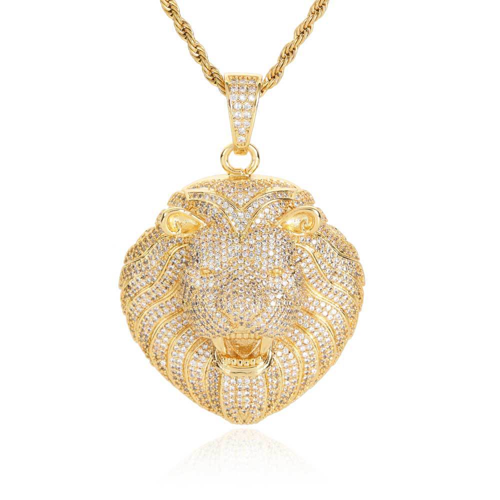 Hip-hop full diamond lion head pendant copper inlaid zircon personality men's necklace jewelry