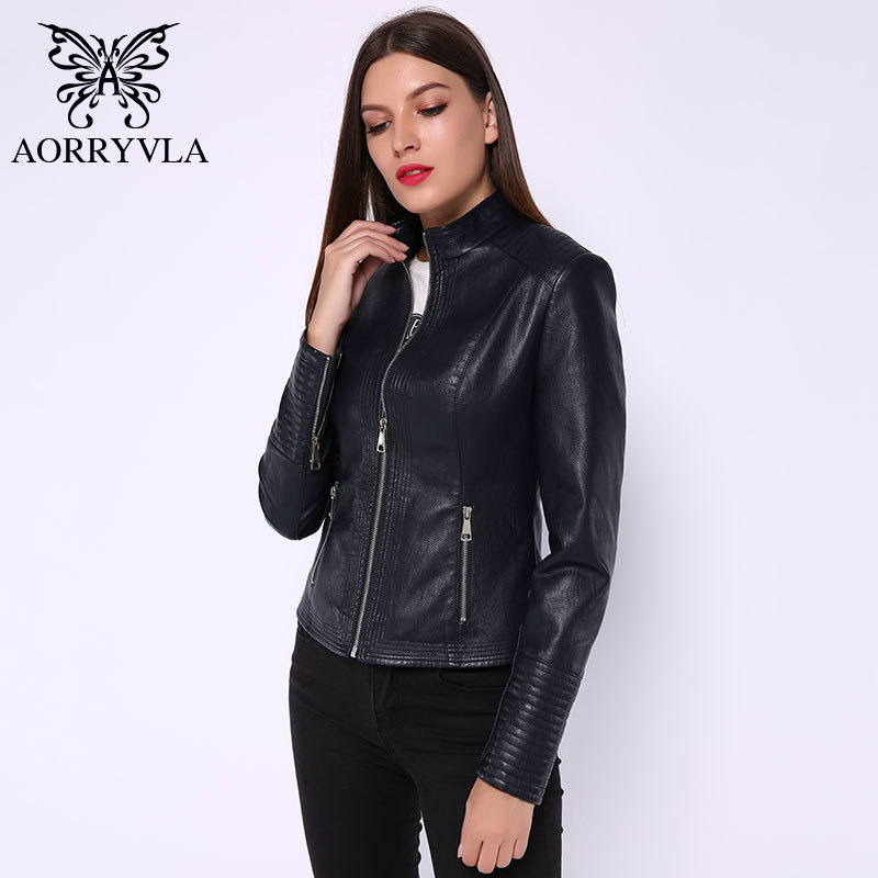 AORRYVLA Plus Size Women's Leather Jacket Mandarin Collar Zipper Black Faux Leather Jacket Slim Style Autumn Female Outwear 201226
