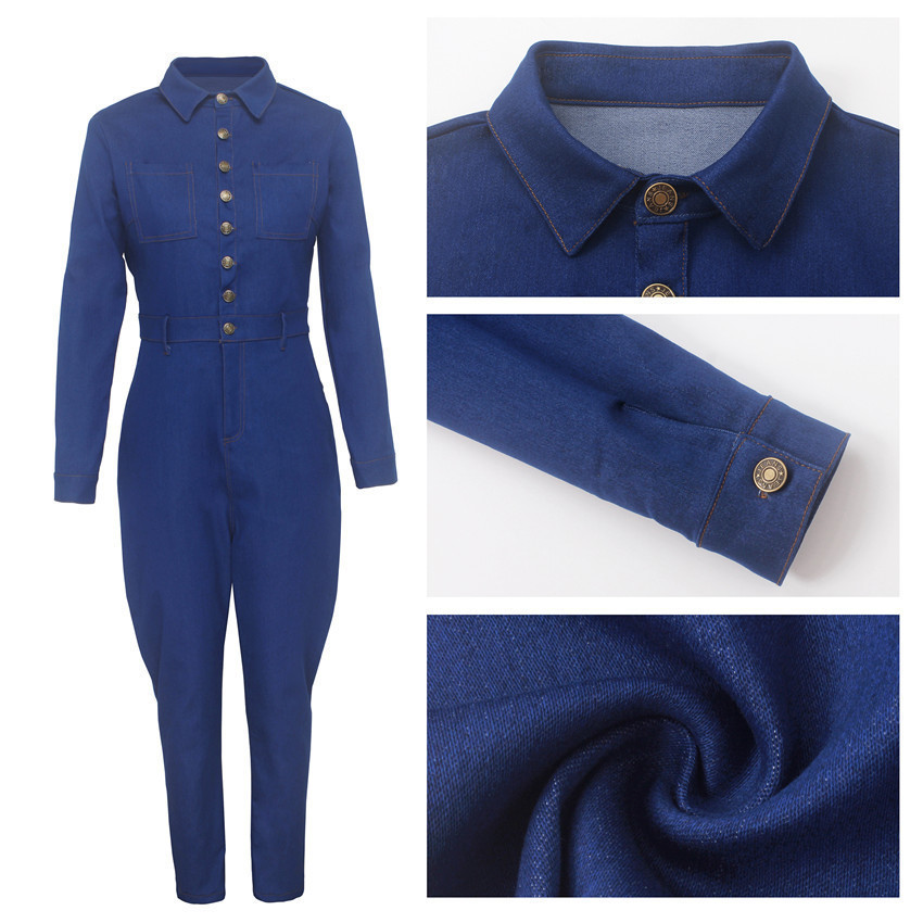 Wjustforu Dark Blue Skinny Denim Jumpsuit For Women Long Sleeve Botton Casual Jean Jumpsuit Female Fashion Casual Bodysuit Slim T200509