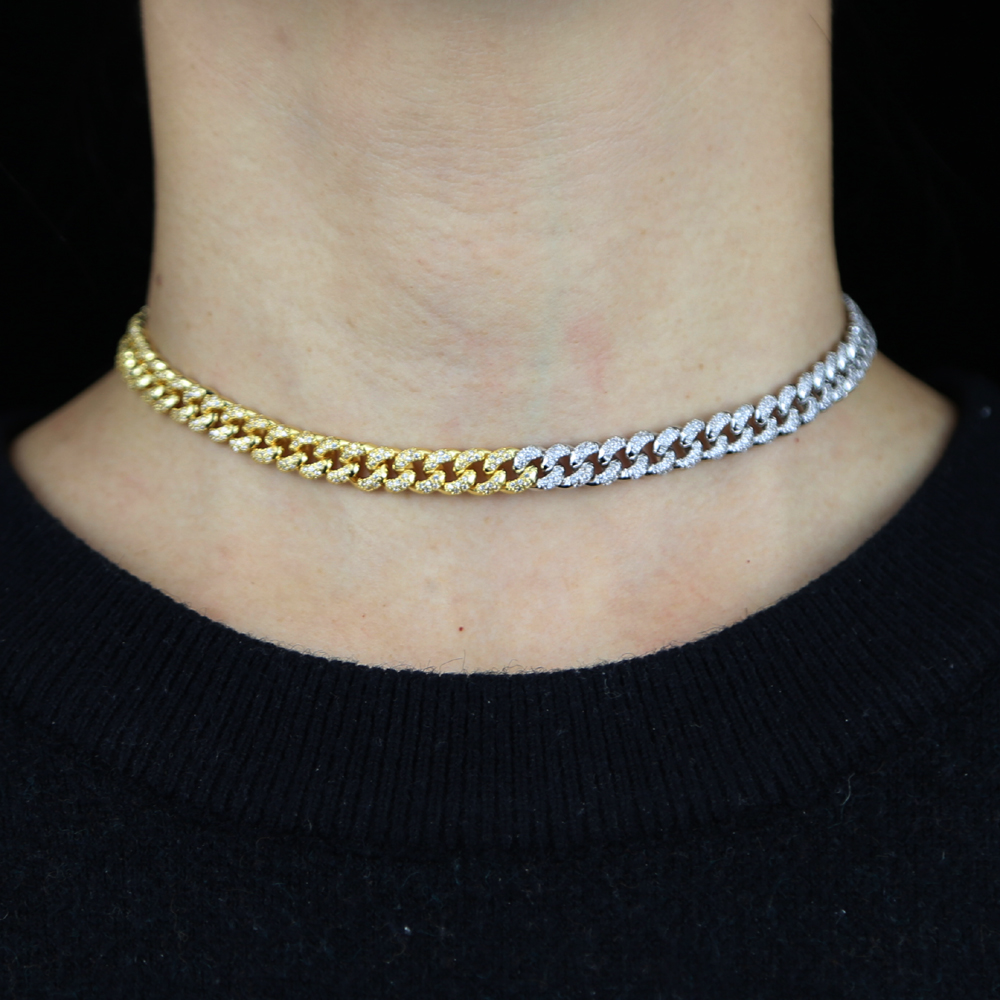New Arrival Silver Gold Color Two Tone Cuban Chain Micro Pave 5A Clear CZ 7mm Width Miami Cuban Link Chain Choker Women Necklace
