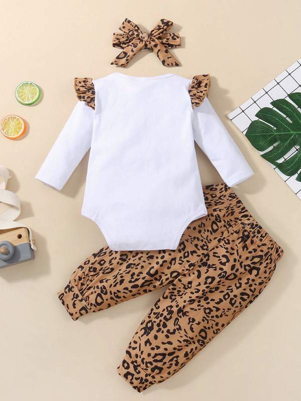 Baby Slogan Graphic Ruffle Trim Bodysuit & Bow Front Sweatpants & Headband SHE