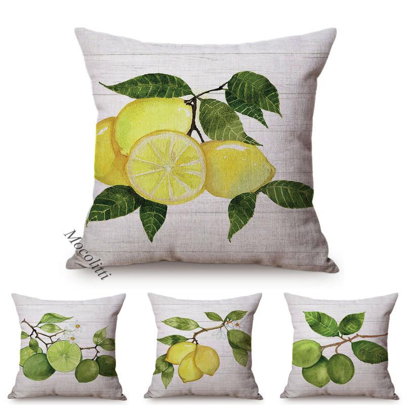 

Green Lemons Fruit Pattern Cushion Cover Sofa Pillowcase Citrus Farm Water Color Art Decoration Square Cushions Cover Kussenhoes, M503-4