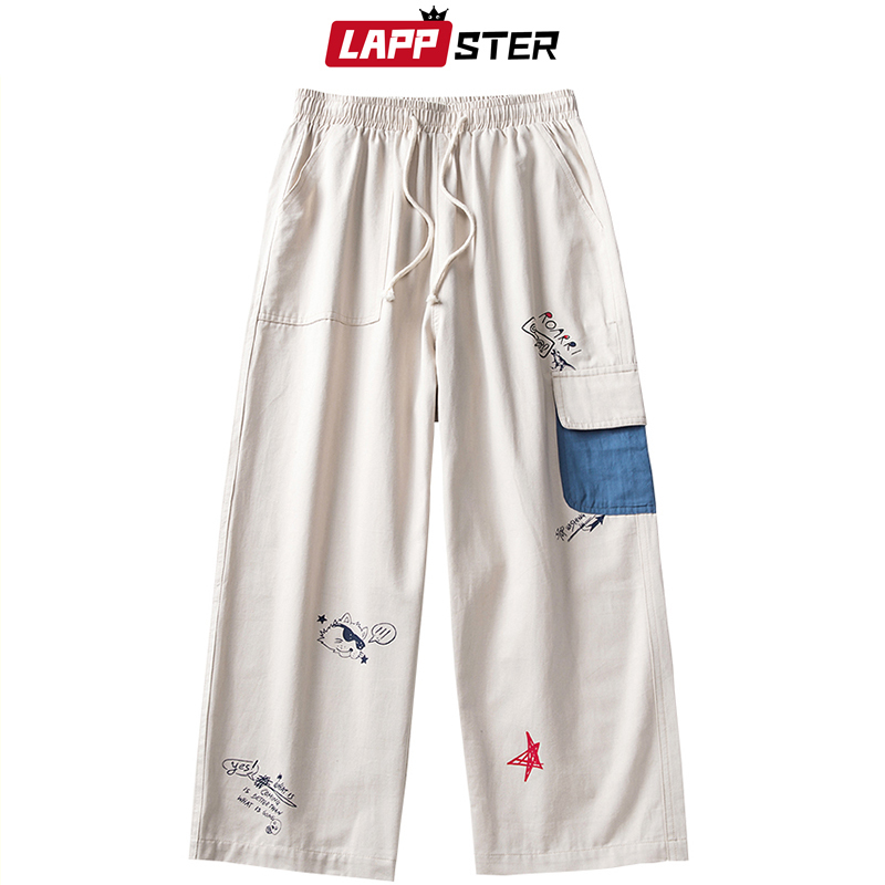 LAPPSTER Men Harajuku Streetwear Harem Pants Summer Man Korean Cargo Pants Male Patchwork Cotton Beige Casual Joggers Pants 201128