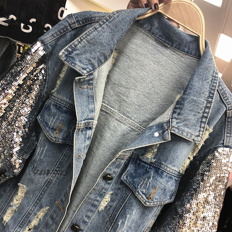 Spring Heavy Industry Sequins Denim Jacket Women Loose Jeans Coats Outwear Holes Girls Lady Cowboy Jackets Streetwear 201017