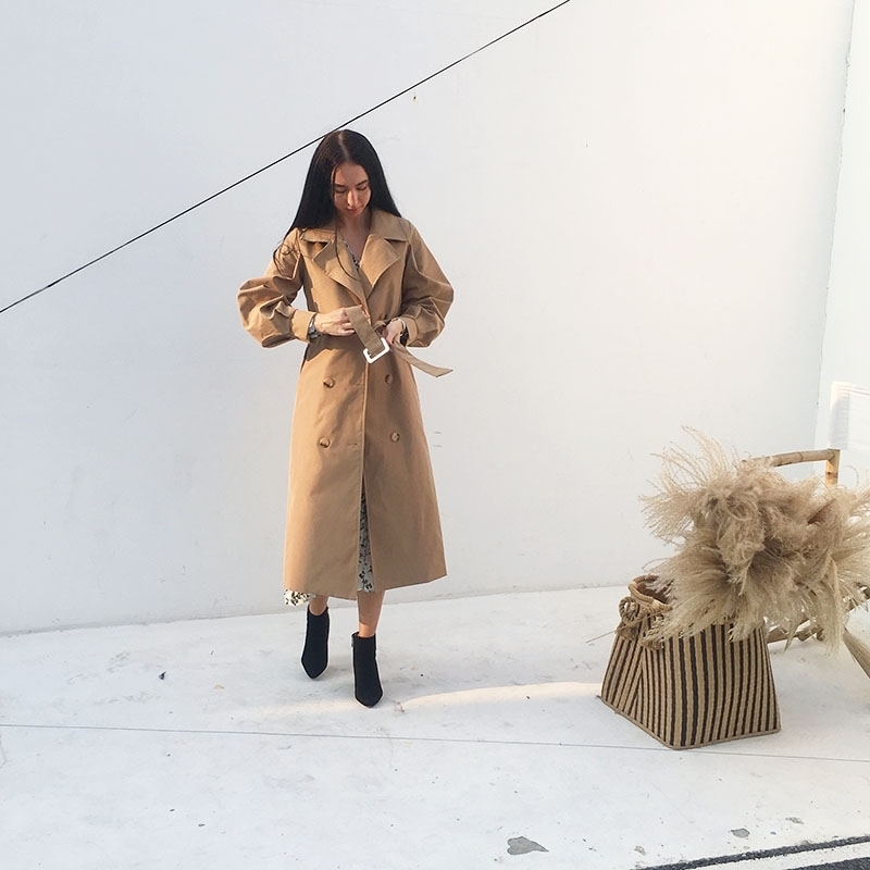 Spring Woman khaki Long Trench Coat British Style Vintage Puff Sleeve Long Dust Coat Elegant Waist Bandage Windbreaker 201211