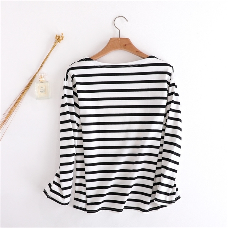 New T-shirt high-end black white stripe Letter Round collar cotton short sleeved jacket tops 201029