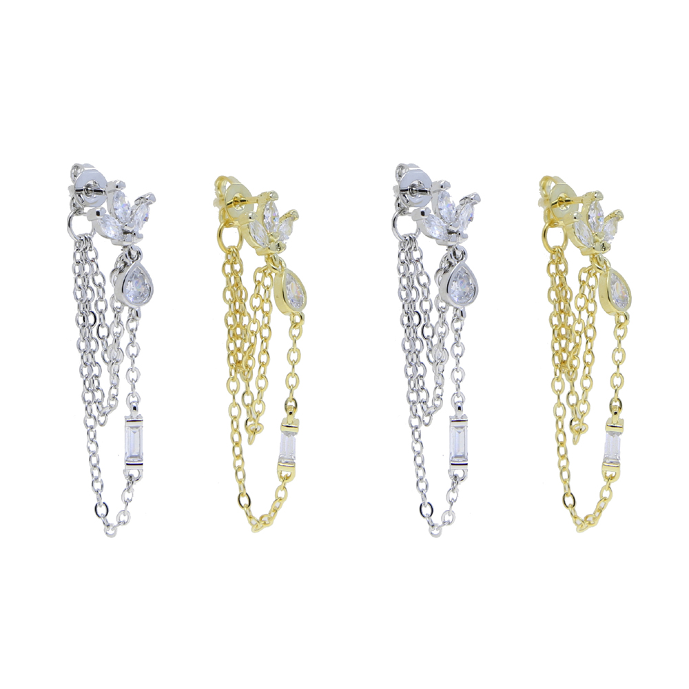 2024 Fashion Tassel Chain Tear Drop CZ Romantic Women Earring Triple Row Cross Chain Multi Piercing Women Earrings High quality