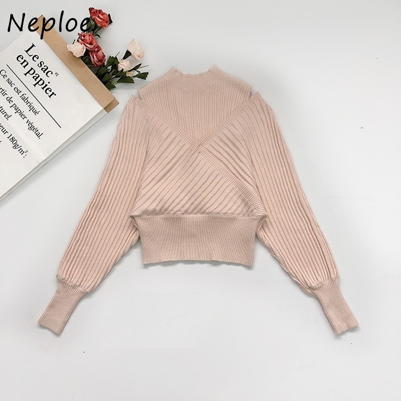 Neploe Chic Sexy Cross Shoulder Strapless Knitted Tops Women Fashion Slim Waist Pullovers Autumn Solid Color Sweaters 201017