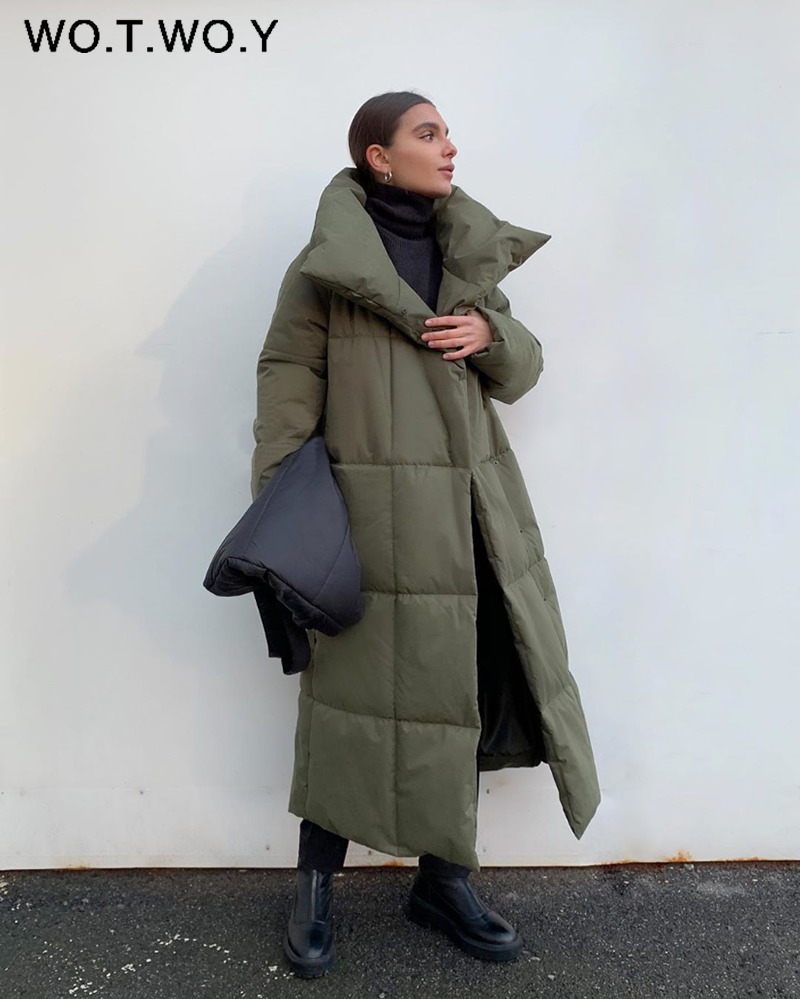 WOTWOY Winter Thickening X-Long Parkas Women Wide-Waisted Loose Cotton Padded Jackets Female Green Grey Sashes Warm Windbreaker 201029