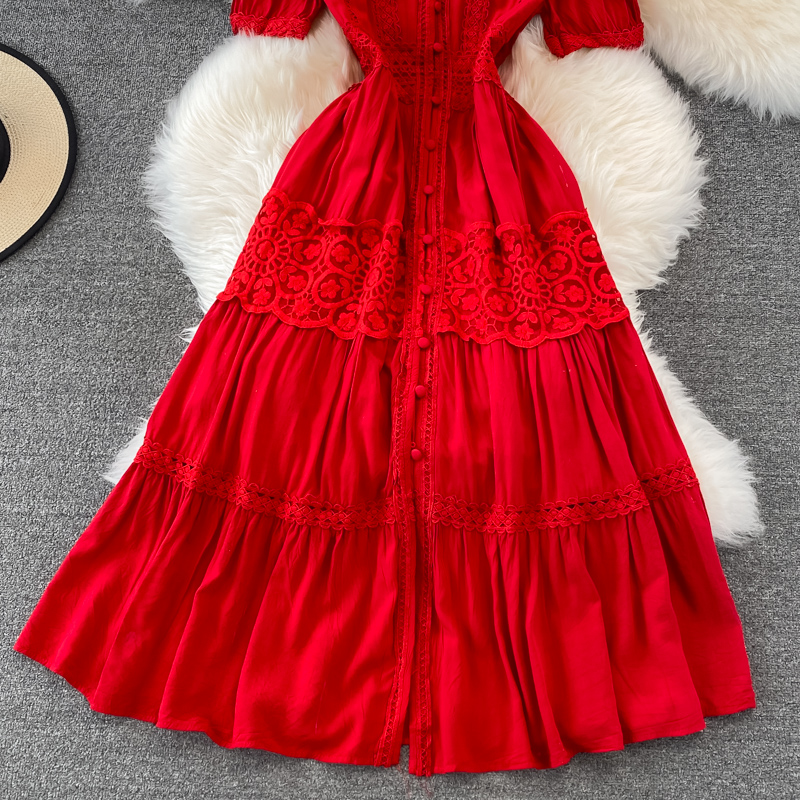 Summer Sexy Black/Red Embroidered Dress Women Elegant V-Neck Short Sleeve High Waist Single Breasted A-Line Vacation Beach Robe 2022