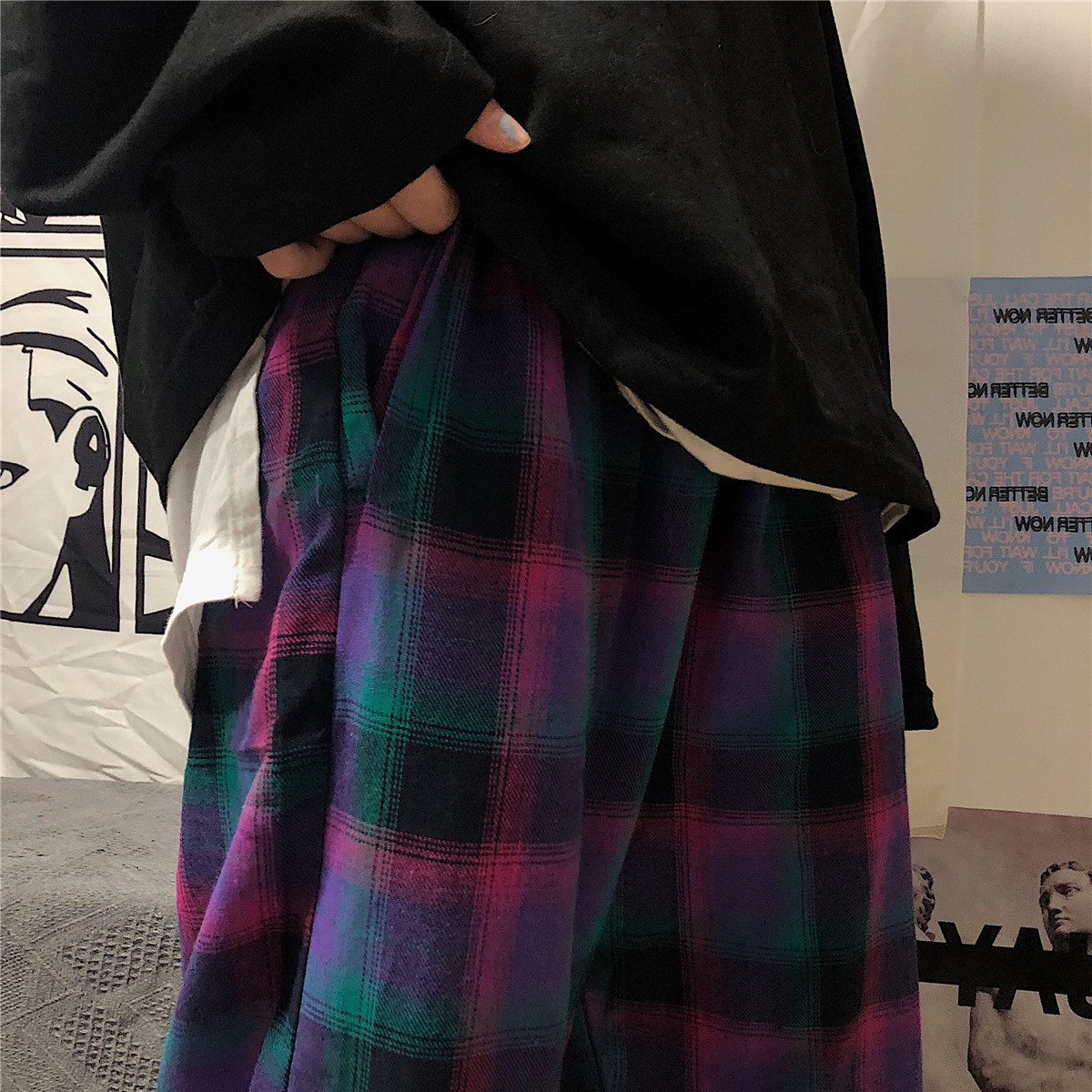 HOUZHOU Korean Style Vintage Plaid Pants for Women Streetwear Harajuku Wide Leg Checkered Pants Women Couple Pockets Unisex 201106