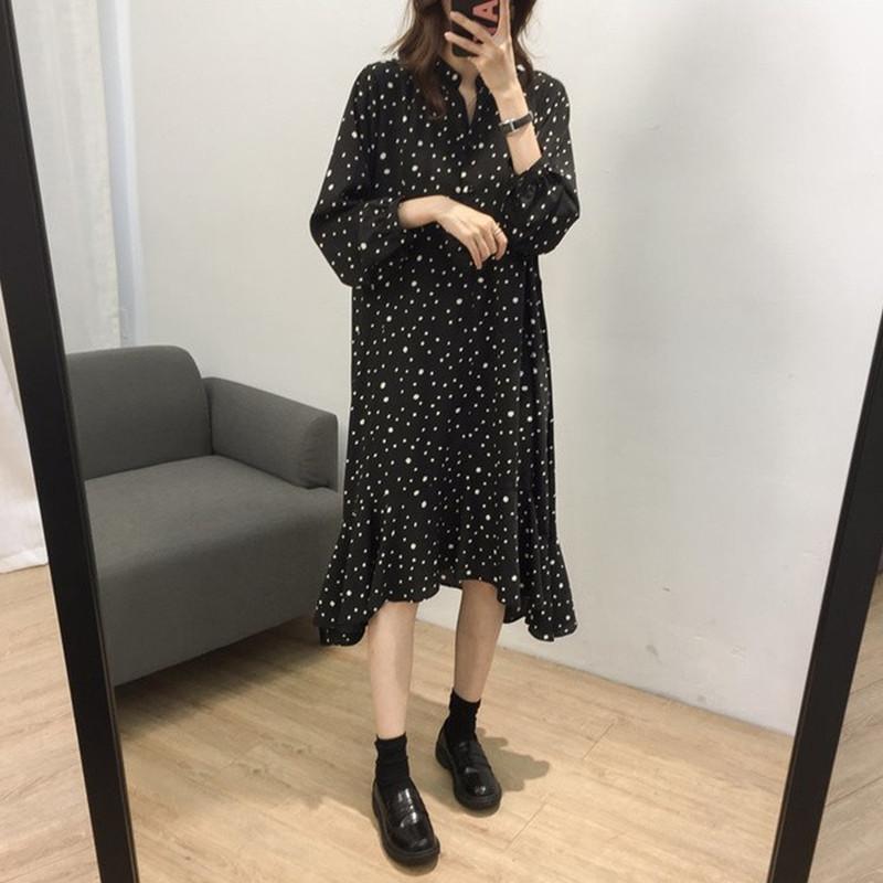 Spring Autumn Long Loose Maternity Breastfeeding Dress Lantern Sleeve Polka Dot Chiffon Nursing Dress Pregnancy Lactation1, Black
