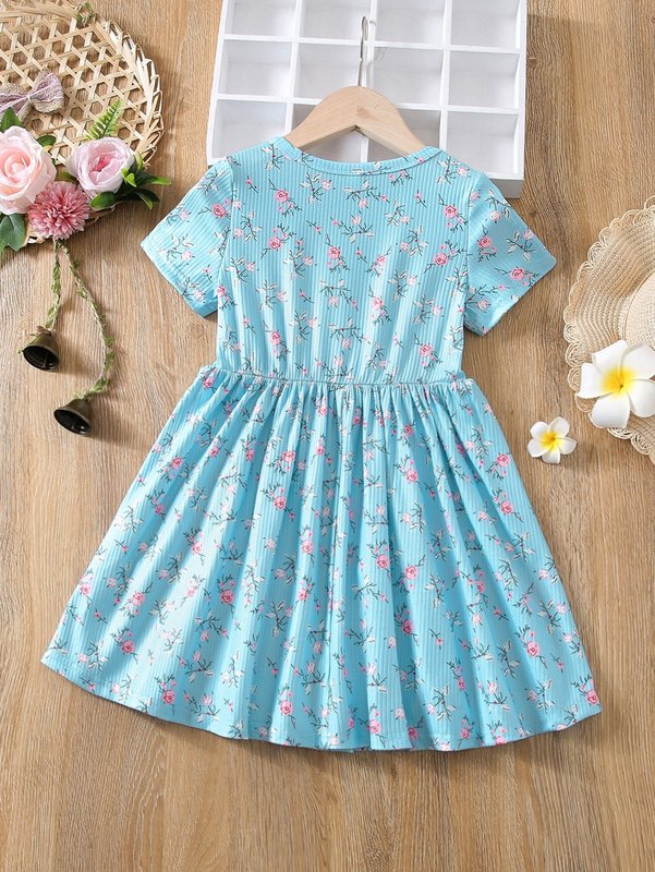 Toddler Girls Floral Print Frill Trim Dress SHE01